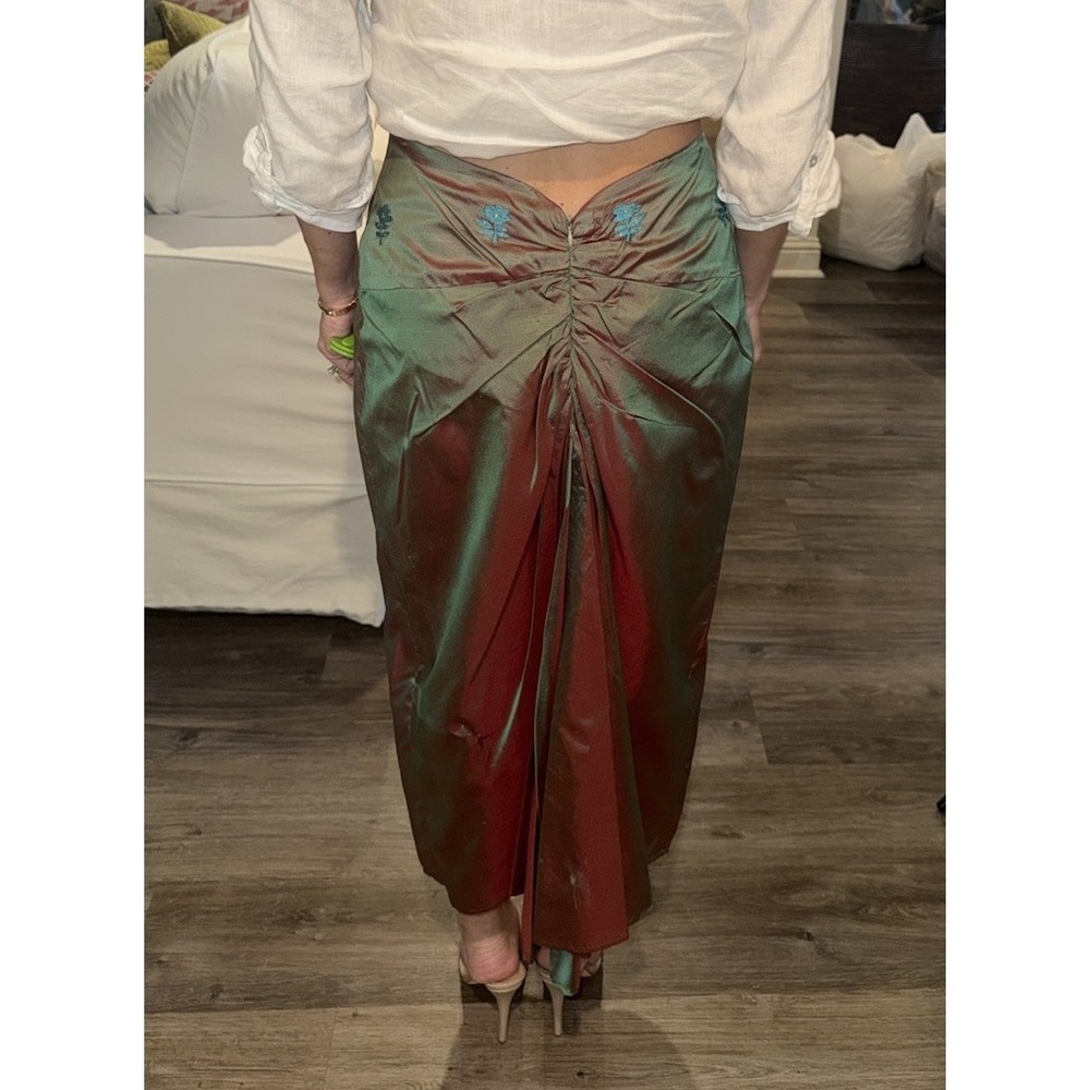 Vtg 90s Y2K Free People Silk Floral Embroidered Iridescent Midi Bussell Skirt - Picture 5 of 11
